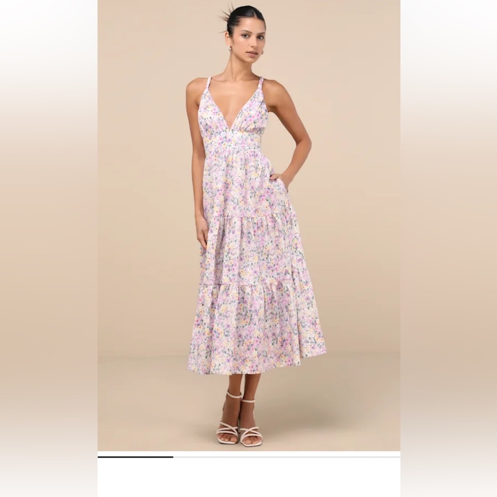 Lulus Brightly Blossoming Pink Multi Floral Tiered Midi Dress